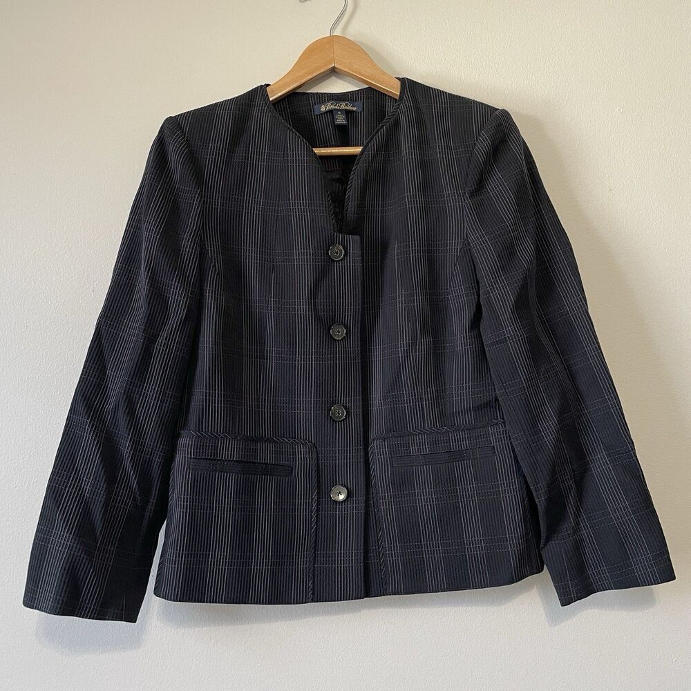 Brooks Brothers Women's Textured Plaid Blazer 12 Black Collarless Woven In Italy